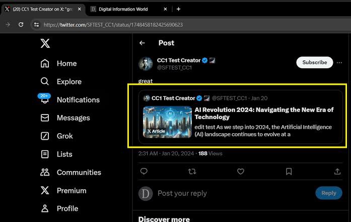 qodewire A Twitter post by CCI Test Creator with a preview of an article titled "AI Revolution 2024: Navigating the New Era of Technology" discussing the evolution of AI into 2024.